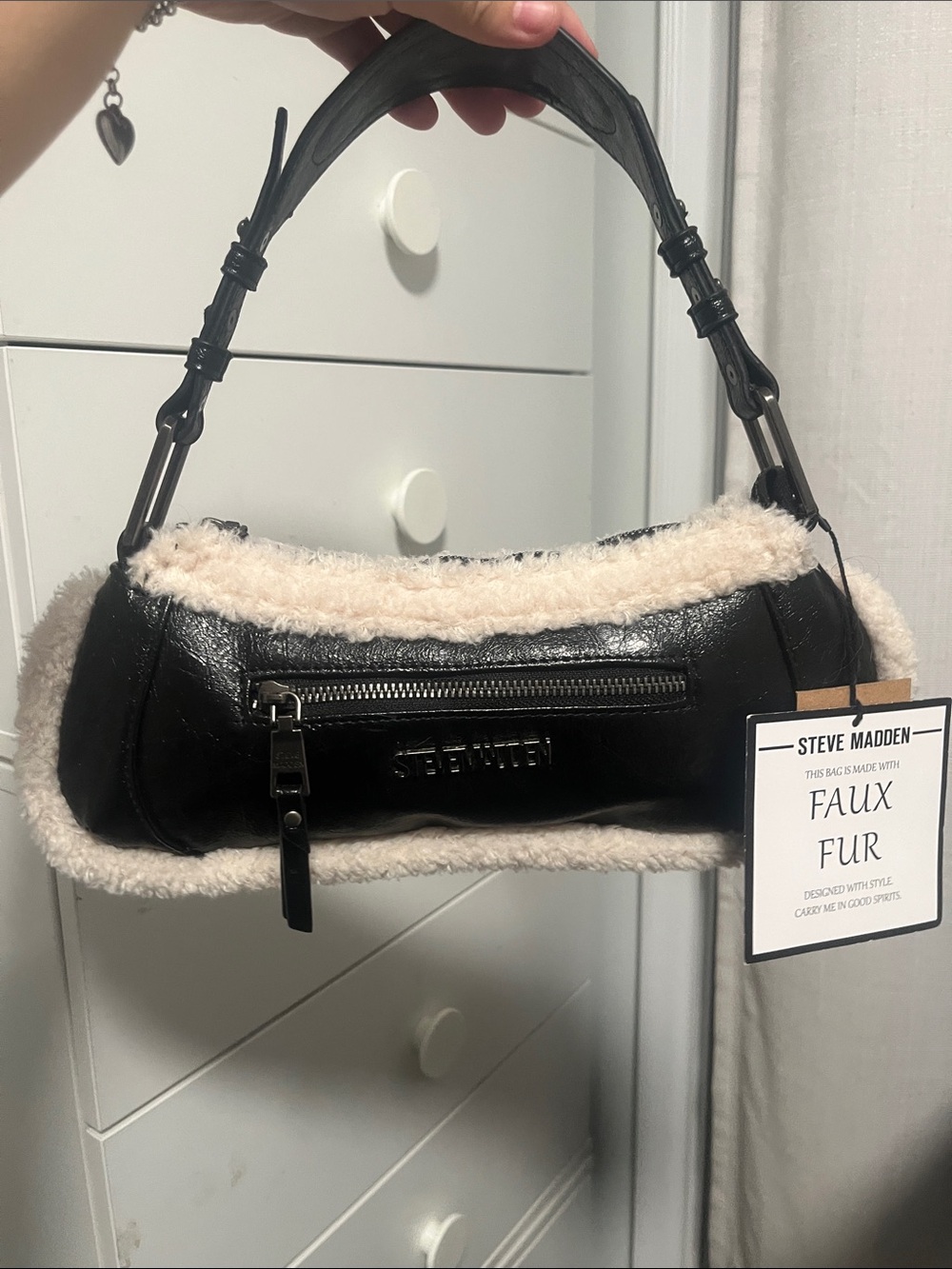 NWT | Steve Madden Black Shoulder Bag with Cream Faux-Fur Trim